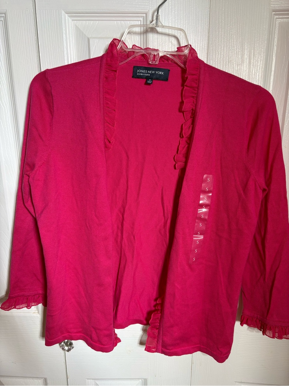Jones New York Signature Bright Pink Ruffle Trim Cardigan